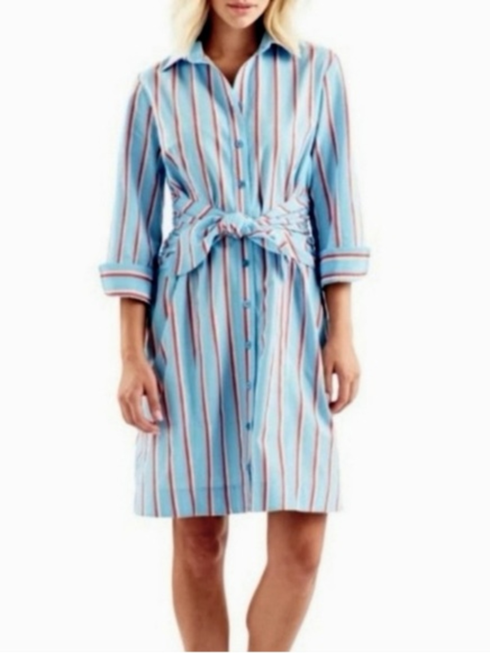 Finley Light Blue Multi-Stripe Button-Front Midi Shirt Dress Size L 100% Cotton